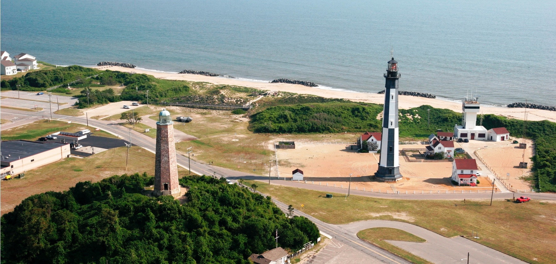 VA, Virginia Beach, Cape Henry, aerial, Atlantic Ocean, Old Cape Henry Lighthouse 1792, New Cape Henry Lighthouse 1880,