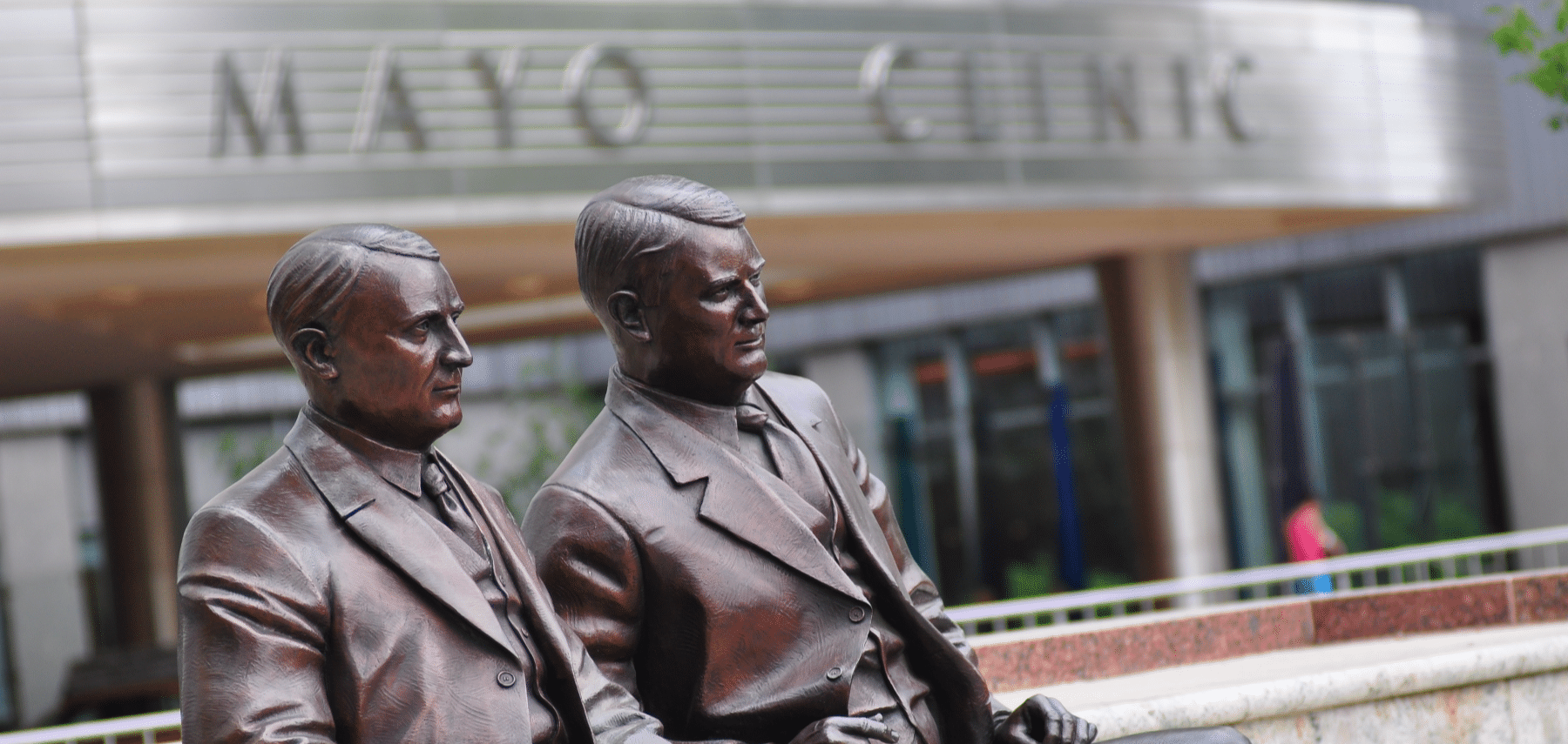 Mayo Brothers Statue near Gonda Building Entrance credit Ron Bennett 1800x855